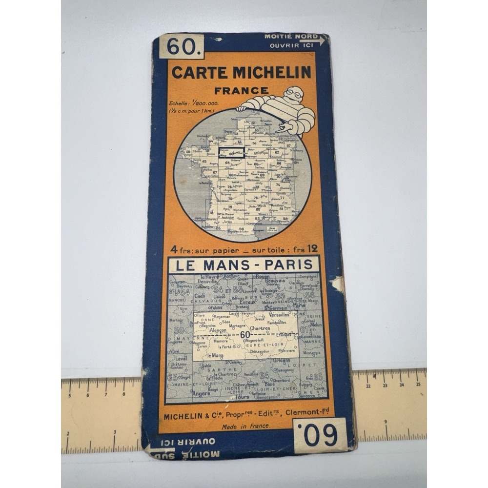 Vintage Michelin France Map 60 Le Mans Paris Bibendum Michelin Man - Fold Out